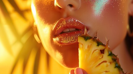 Wall Mural - Woman's lips shimmering with holographic gloss, holding a slice of pineapple