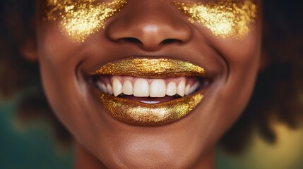 Canvas Print - Close up African American attractive woman with gold glitter lips and eyelids