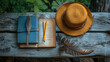 Vintage travel journal on a rustic picnic table, with hat, travel, birdwatching, nature, concept