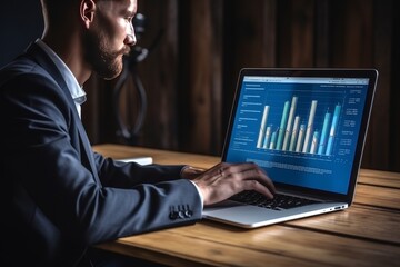 Wall Mural - Businessman working on laptop with chart, hand on table - technology and finance concept