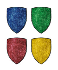 Wall Mural - Colorful medieval metal shields isolated on white background