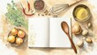 recipe book and ingredients with spices and tools