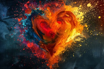 Poster - A fiery masterpiece of vibrant hues and intricate brushstrokes, a heart-shaped painting ignites the soul with its passionate flame of art