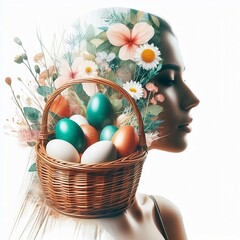 Poster - Double exposure of a woman's head with Easter eggs in a basket. Vector Illustration with white Background design with space for copy created with generative ai