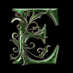 Letter E detailed Art Nouveau sculpture icon on black background