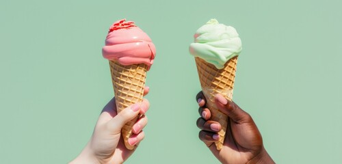 Poster - Two hands holding two ice cream cones with different colors. Generative AI.