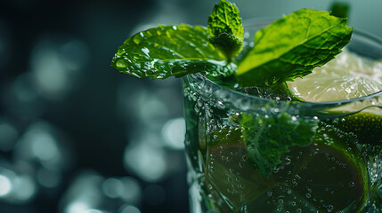 A refreshing mojito cocktail served in a tall glass, garnished with a sprig of fresh mint and a slice of lime