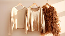 Golden Glow Sweater With Sequin, Glitter, Beige Jumper And Wear With Fringe On All Surfaces On Hangers. Concept Of Festive, Elegant Clothes For Parties Or A Striking Outfit For Event. Banner