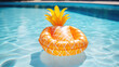 An inflatable mattress in the shape of a Pineapple on the surface of the pool