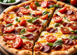 © Evgenii - Pizza with herbs, cheese and bacon, tomatoes and peppers. Cut into hot, freshly prepared pizza. Generative AI