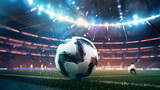 Fototapeta Sport - Brazilian Passion: Vibrant 3D Render of Soccer Ball in a Golden Sunlit Stadium, Surrounded by Enthusiastic Fans, Capturing the Thrill of a Match.