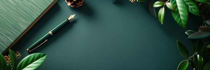 Extra wide banner header flatlay image with dark color scheme using leather and linen design details ideal for modern contemporary business or corporate product mockup, scene creator, text background 