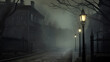 Haunting Urban Silence: Digital Artwork of Foggy Winter Street, Eerie Atmosphere Evoking Dark TV Series, Solitary Streetlamp Casting Long Shadows.