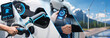EV electric car vehicle charging and sustainable LCA green energy technology presented in panoramic banner photo collage showing eco friendly view of electric vehicle and hybrid car for future ESG