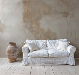 Poster - A white sofa with cushions in a rustic Mediterranean country home interior with bare walls and vase