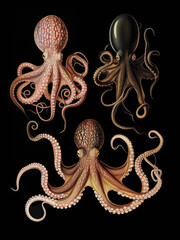 Wall Mural - A group of octopuses on a black background. Imitation of vintage zoology book illustrations.