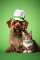 Canvas Print - A dog and cat sitting next to each other with a hat on, AI