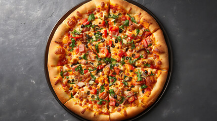 Canvas Print - An enticing view of a freshly baked pizza from above, showcasing its golden crust, bubbling cheese, and colorful toppings arranged in a delicious mosaic