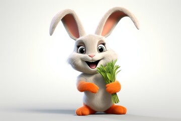 Smiling rabbit holding greenery. Concept of happiness, cartoon character, digital illustration, and healthy lifestyle. White background