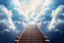 Brown Stairway With Steps Leads To Bright Sky With Clouds And Light