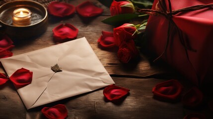 Canvas Print - A small envelope with a candle and rose petals on the table, AI