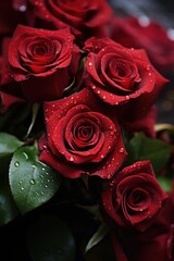 Sticker - A close up of a bunch of red roses with water droplets on them, AI