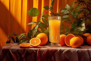Poster - Glass of fresh orange juice on a table with oranges and green leaves