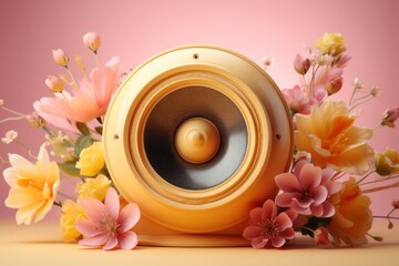 Poster - Medium-toned speaker against pastel backdrop embodies the harmony of spring melodies. Ideal for music-themed designs, advertisements, and seasonal promotions