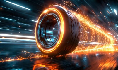 Engaging image of a tire in motion, surrounded by luminous energy trails, conveys futuristic technology and sustainable energy generation. Great for tech-focused designs