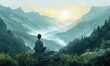 panoramic view of a tranquil mountain landscape where a lonely yogi meditates while looking at the fog in the valley