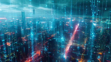 Wall Mural - Smart city at night, aerial view of modern buildings with communication network, abstract energy lines on cityscape background. Concept of connect, iot, future, digital technology