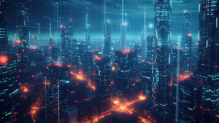 Wall Mural - Futuristic smart city at night, modern buildings with communication network, abstract energy lines on cityscape background. Concept of connect, iot, future, digital technology, industry.