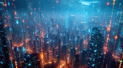 Wall Mural - Futuristic smart city at night, tall buildings with communication network, abstract energy lines on cityscape background. Concept of connect, iot, future, digital wireless technology