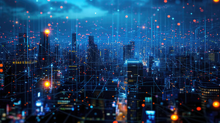 Wall Mural - Smart city at night, tall buildings with communication network, abstract energy lines on cityscape background. Concept of connect, iot, future, digital wireless technology, data, industry