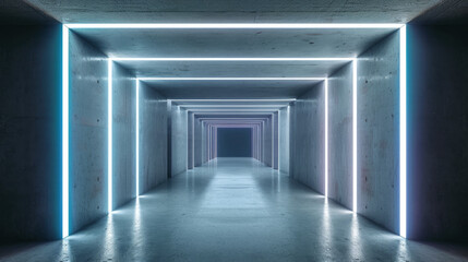 Wall Mural - Concrete hall background, abstract empty garage with lines of blue led light, perspective view of modern dark hallway or tunnel. Concept of room, neon, warehouse, interior