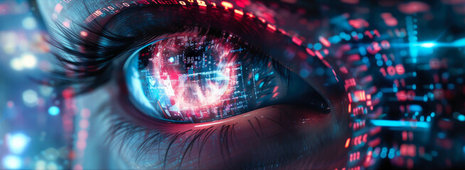 Eye of person with cyborg vision, abstract network information and digital data background, red blue lights banner. Concept of ai, technology, cyber security, spy, hacker, hack, art.