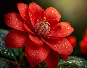 Beautiful red flower with raindrops on petals. Close up.