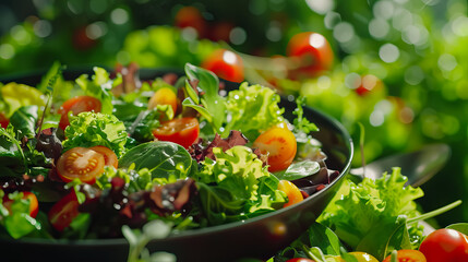 Close up green vegan salad from green leaves mix and vegetables - AI Generated