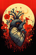 © ADDICTIVE STOCK - Generative AI illustration of evocative illustration featuring a stylized heart against a moon backdrop with flowers and dripping red accents