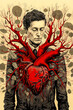 © ADDICTIVE STOCK - Generative AI illustration of surreal artwork of a man with a detailed anatomical heart and branching arteries blending into tree-like structures on a vintage background