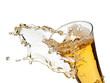 Beer spill from a glass, close up on white background