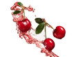Juice splash over three fresh ripe cherries on white background