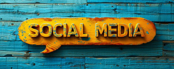Poster - Bright yellow speech bubble cutout with SOCIAL MEDIA text on a vibrant blue background symbolizing online communication and networking