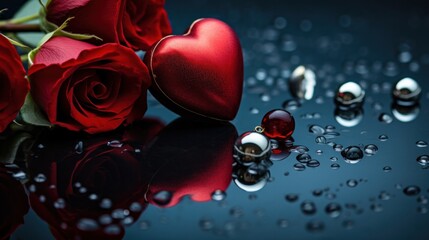 Poster - A close up of a red rose and heart on the table, AI