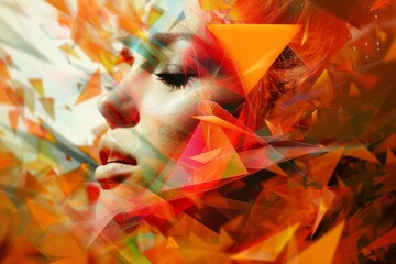 Aufkleber - Vibrant triangles adorn a woman's face, evoking a sense of artistic expression and warmth in this captivating painting