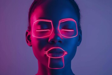 Aufkleber - A radiant masterpiece, a woman adorned with electric hues of neon light transforms into a living canvas of bold and mesmerizing art