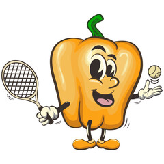 Wall Mural - vector isolated clip art illustration of cute yellow bell peppers mascot playing tennis with a tennis racket and ball, work of handmade
