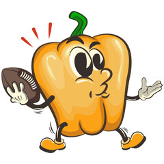 Wall Mural - vector isolated clip art illustration of cute yellow bell peppers mascot playing american football with an oval ball, work of handmade
