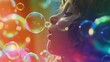 Excited Child Blowing Bubbles with Colorful Background AI Generated.