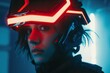 A futuristic heroine, her determined human face hidden behind a sleek helmet adorned with flashing red and blue lights, stands ready to take on any challenge in her powerful and stylish attire
